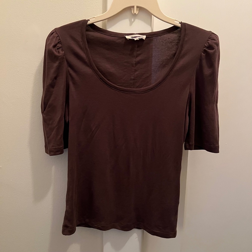 Madewell Scoop Neck Puff Sleeve Tee Small‎ Brown Supima Cotton Casual Neutral